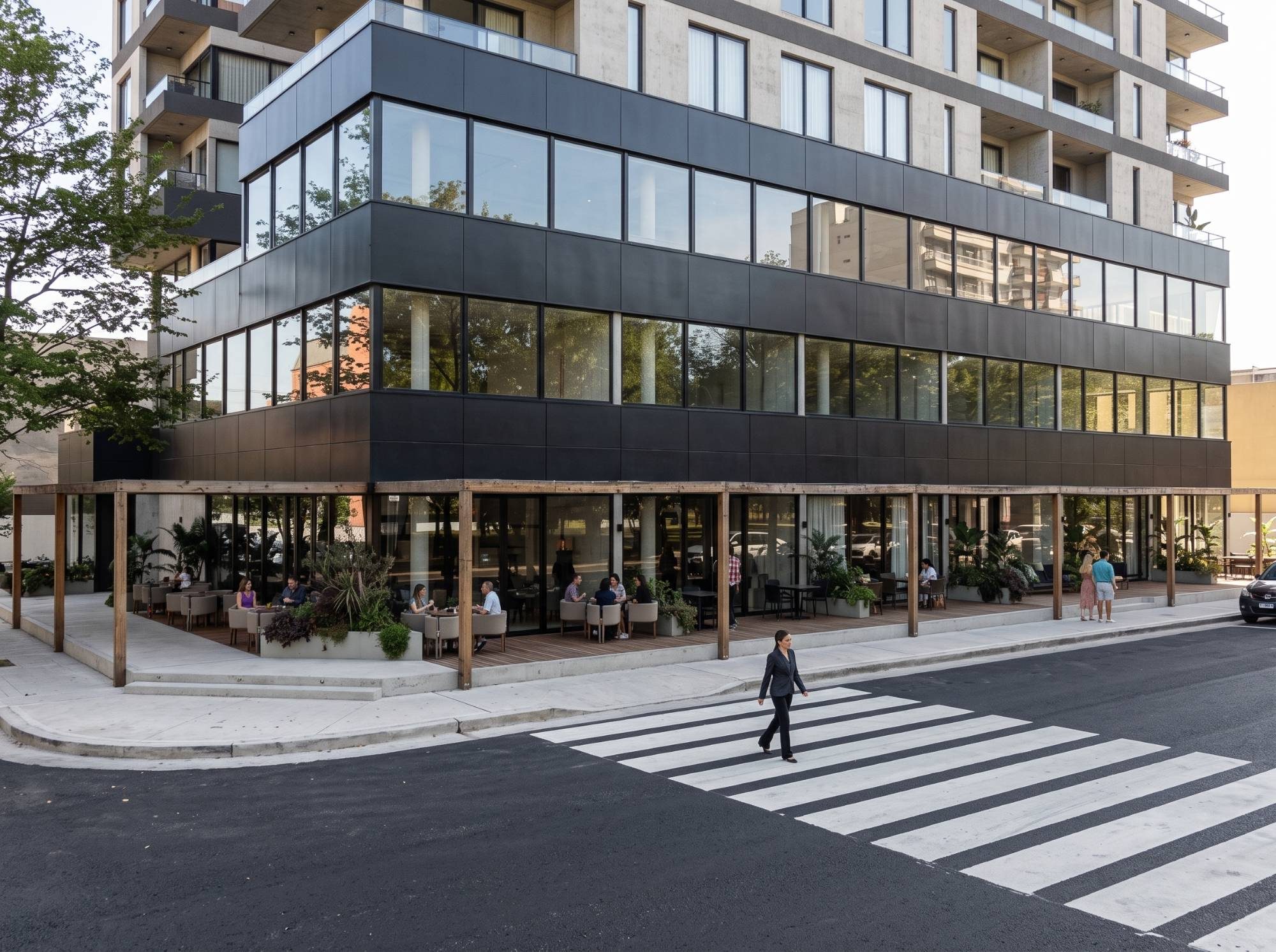 La esquina del edificio con la galería y la senda peatonal