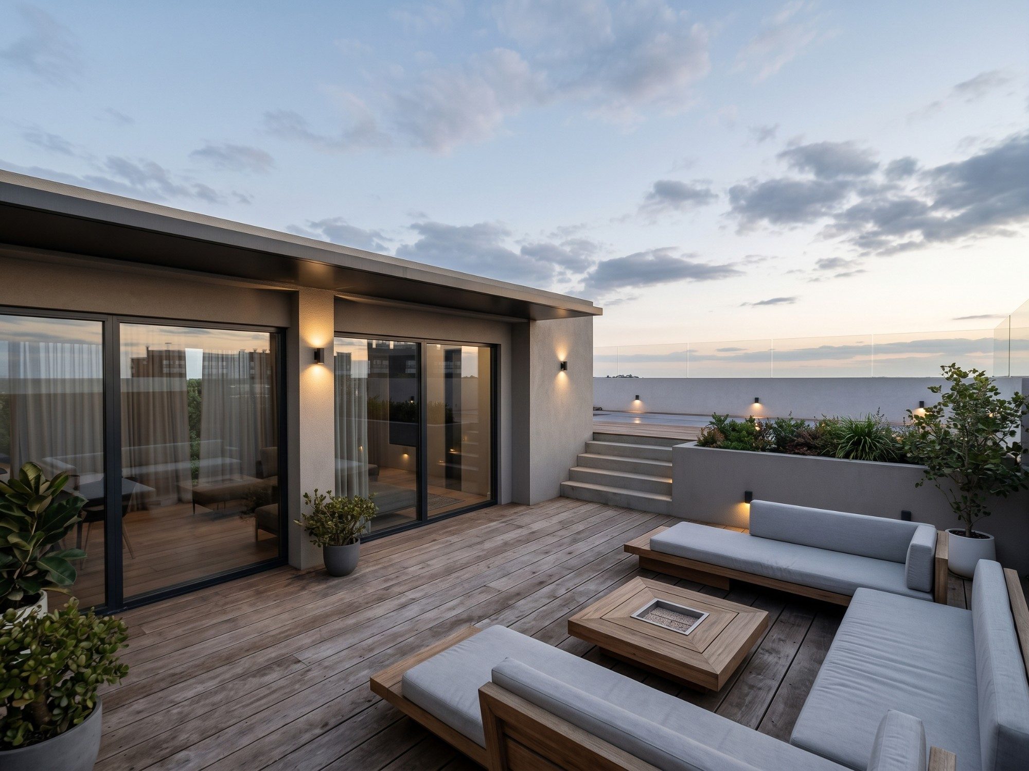 Terraza con deck, sillones y fogonero al atardecer